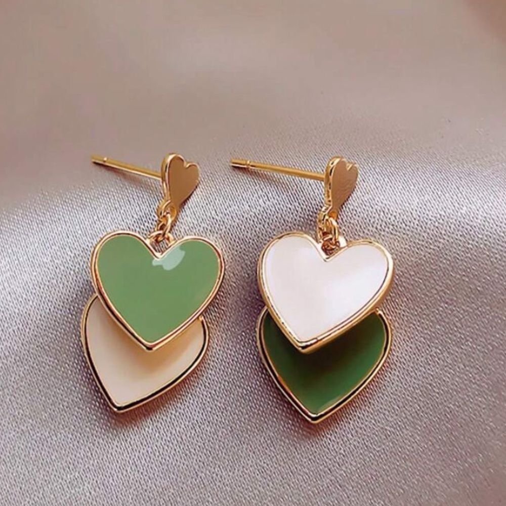 3for$20 New Green Color Block Heart Earrings, Simple & Stylish, Popular